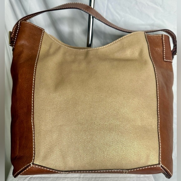 KATE SPADE Brown Leather Gold Canvas Shoulder Tote Bucket Market Carryall Bag - Picture 4 of 10